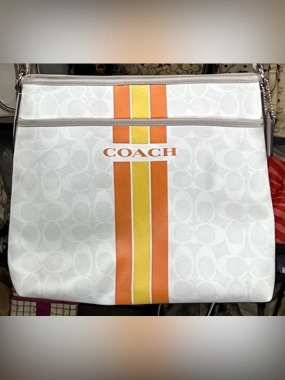 Coach Varsity Stripe Crossbody Bag F38402 Cream Orange Yellow Swingpack 2018 GUC - Picture 3 of 13